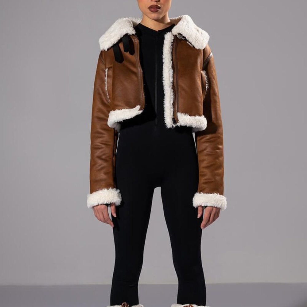 Miz Milk Chocolate Aviatrix Sherpa Lined Vegan Leather Convertible Trench Coat L - Picture 7 of 15